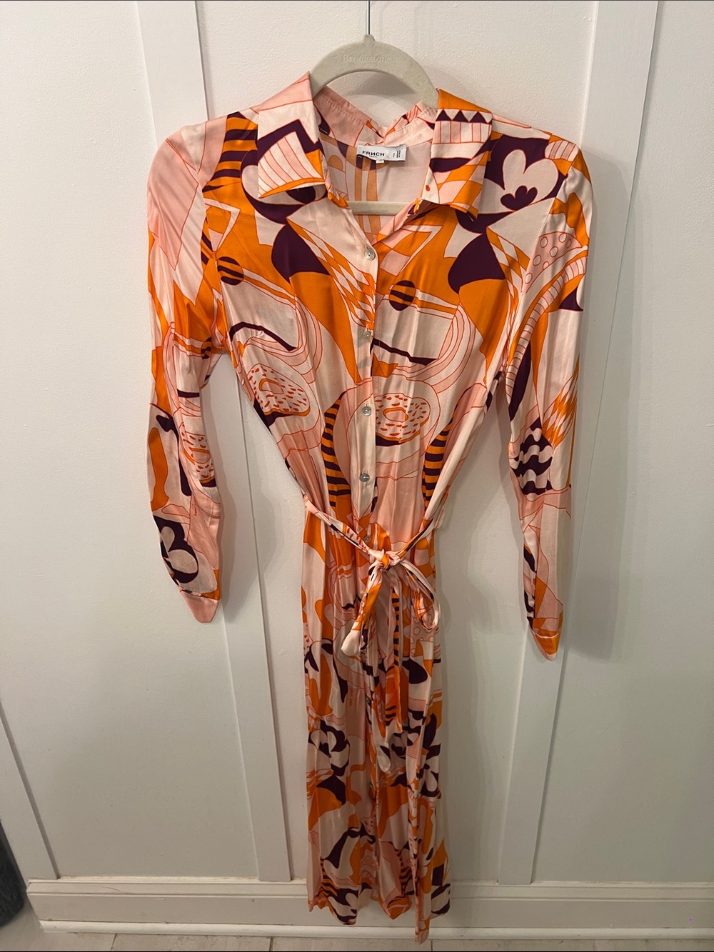 FRNCH Paris silky shirt dress in bold orange, purple with light pink background